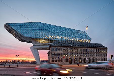 Antwerp Belgium - October 2016: The new Port House in Antwerp repurposes renovates into a new headaquarters for the port creates by Zaha Hadid her last project