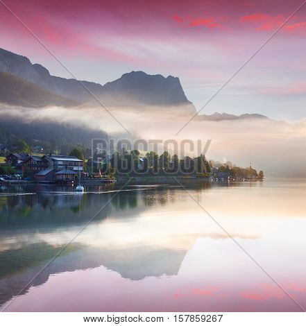 Foggy Summer Scene On The Grundlsee Lake