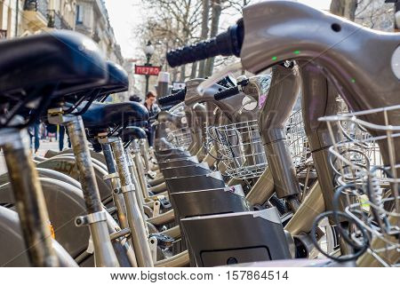 Paris France - April 02 2009: Velib station public bicycle rental in Paris. Velib has the highest market penetration comapring to other cities.