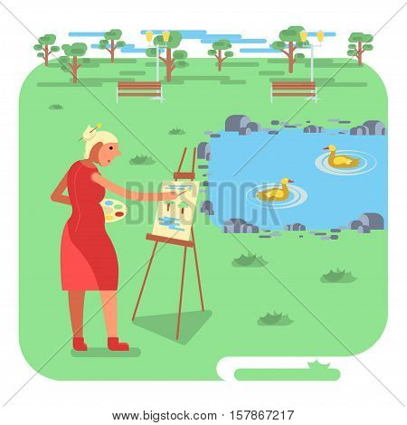 Artist female or old woman painting on canvas with Lake landscape with ducks. haracter design in flat style. Vector illustration