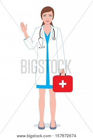 Female doctor with first-aid kit. Illustration of a smiling doctor woman.