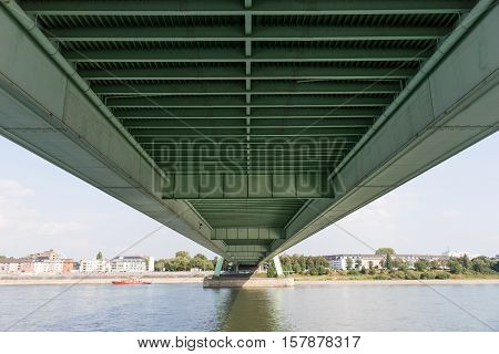 Under the Deutzer Bridge from the Rhine River, Germany