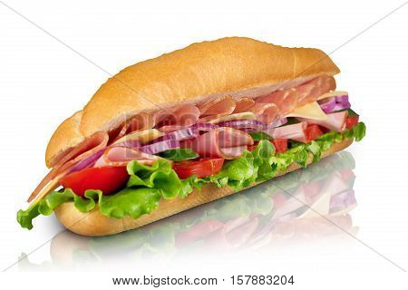 Footlong ham & swiss submarine sandwich isolated on white