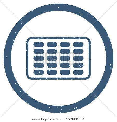 Blister grainy textured icon inside circle for overlay watermark stamps. Flat symbol with scratched texture. Circled dotted vector blue ink rubber seal stamp with grunge design on a white background.