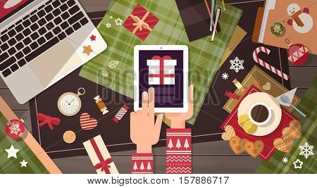 Hands Hold Device Electronics Gadget New Year Concept Laptop Phone Tablet Christmas Gift Decoration Flat Vector Illustration