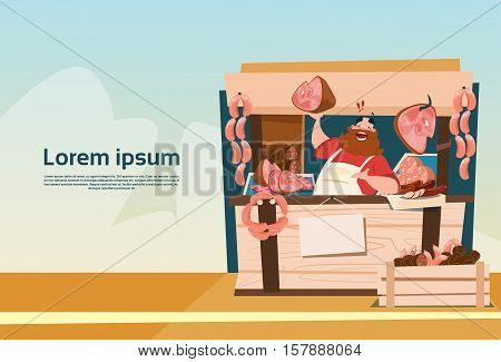 Farmer Sell Pork Meat Products On Eco Farm Organic Market Flat Vector Illustration