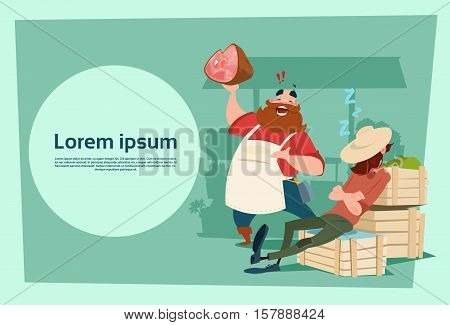 Farmer Hold Pig Leg Pork Butcher Animal Farm Flat Vector Illustration