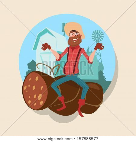 Farmer Sit On Big Wurst Butcher Animal Farm Flat Vector Illustration