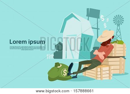 Rich Farmer Countryman Sleeping On Boxes Farm Background Flat Vector Illustration