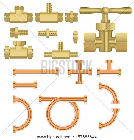 Bronze pipes for water. Set pipes and water valve. Vector illustration isolated on white background.