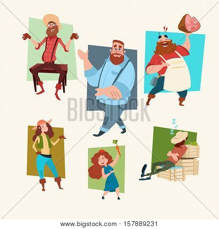 Farmers Family Set Cuontry Man And Woman Farming Occupation Flat Vector Illustration