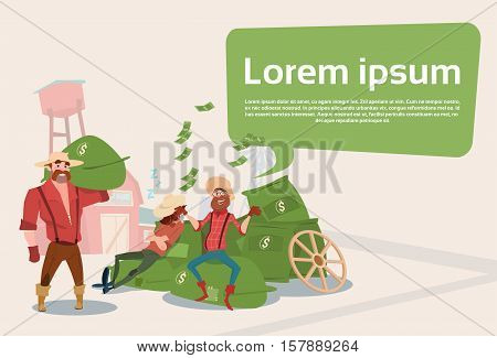 Rich Farmers Countryman With Money Sacks Farm Background Flat Vector Illustration