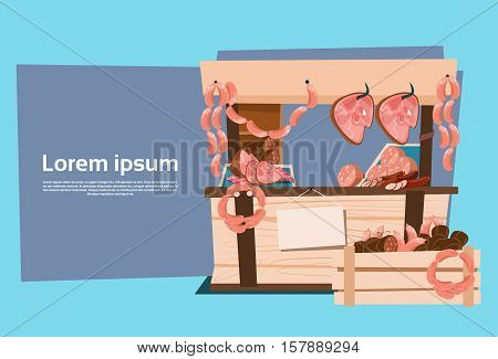 Market Sell Pork Meat Products On Eco Farm Organic Food Flat Vector Illustration