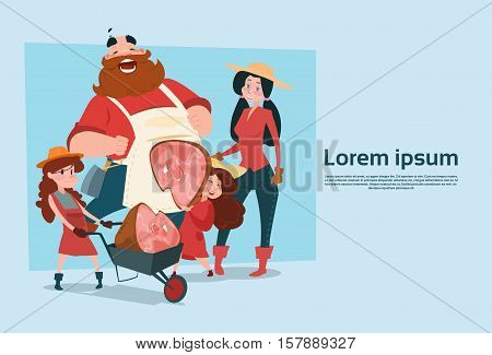 Farmer Family Hold Pig Leg Pork Butcher Animal Farm Flat Vector Illustration