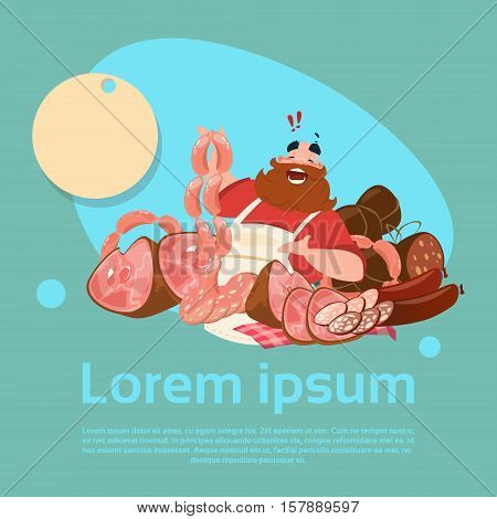 Farmer Sell Pork Meat Products On Eco Farm Organic Market Flat Vector Illustration