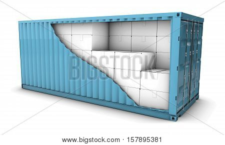 3d illustration of blue conteiner with packages on white background