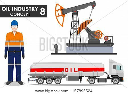 Detailed illustration of gasoline truck oil pump and workman in flat style on white background.