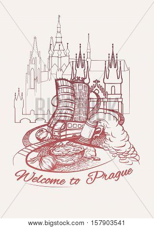 Welcome to Prague poster, banner, sticker with Czech capital landmarks. Line drawing.Vector illustration