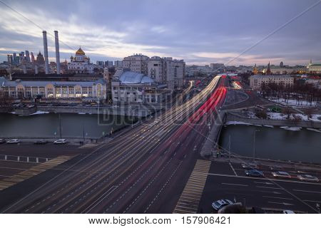 Small Stone bridge, Udarnik cinema in evening Moscow, Russia, long exposure