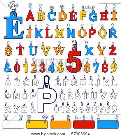 Alphabet design elements and number tags colored blue red yellow and white vector illustration