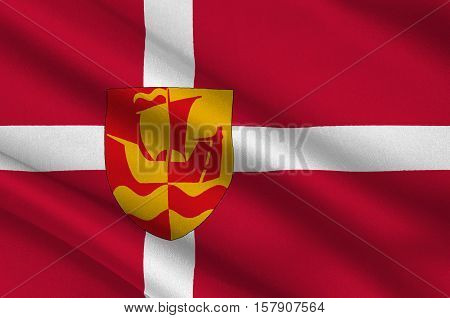 Flag of Guldborgsund is a municipality in Denmark in Region Sjælland on the island of Zealand. 3d illustration