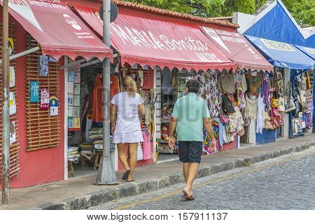 OLINDA, BRAZIL, JANUARY - 2016 - People at street market fair in Olinda town at Pernambuco Brazil