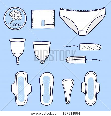 Feminine hygiene products set. Sanitary pads tampons menstrual cups panties. Vector illustration.