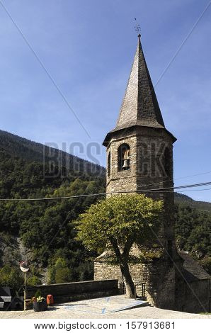 Church of village Aubert Aran Valley Lleida province pyrenees mountain Spain
