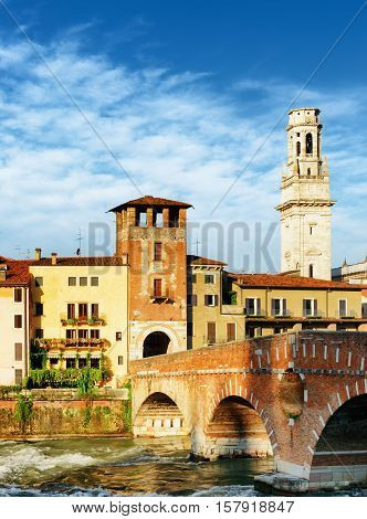 View Of The Ponte Pietra And Bell Tower Of The Verona Cathedral