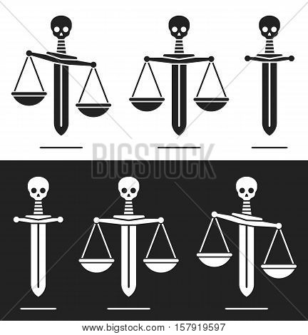 Sword combined with the scales of justice with a skull handle in a concept of terror horror power abuse of power and justice black and white silhouette sets vector illustration