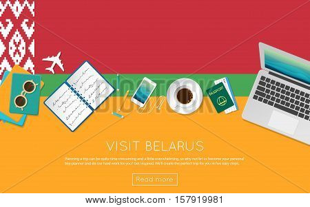 Visit Belarus Concept For Your Web Banner Or Print Materials. Top View Of A Laptop, Sunglasses And C