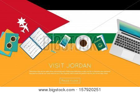 Visit Jordan Concept For Your Web Banner Or Print Materials. Top View Of A Laptop, Sunglasses And Co