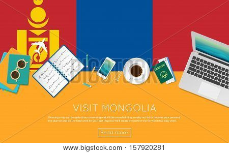 Visit Mongolia Concept For Your Web Banner Or Print Materials. Top View Of A Laptop, Sunglasses And