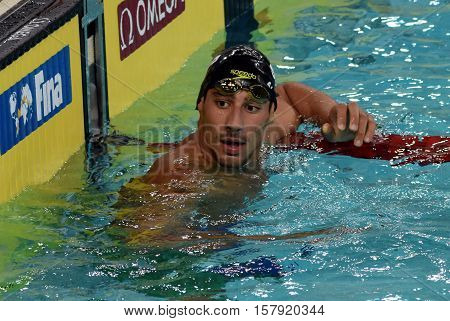 Hong Kong China - Oct 29 2016. American syrian swimmer Azad Al Barazi in the finish. FINA Swimming World Cup Preliminary Heats Victoria Park Swimming Pool.