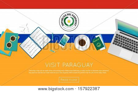 Visit Paraguay Concept For Your Web Banner Or Print Materials. Top View Of A Laptop, Sunglasses And