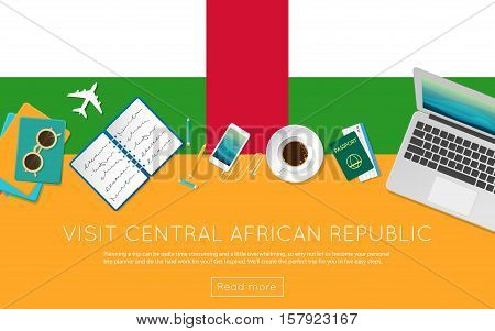 Visit Central African Republic Concept For Your Web Banner Or Print Materials. Top View Of A Laptop,