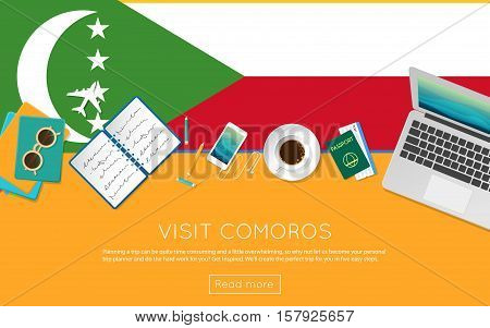Visit Comoros Concept For Your Web Banner Or Print Materials. Top View Of A Laptop, Sunglasses And C