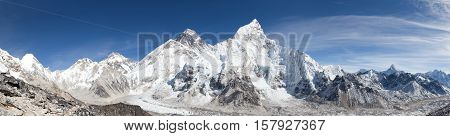 panoramic view of Mount Everest with beautiful sky and Khumbu Glacier - way to Everest base camp Khumbu valley Sagarmatha national park Nepal