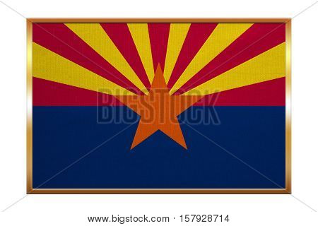 Flag of the US state of Arizona. American patriotic element. USA banner. United States of America symbol. Arizonian official flag golden frame fabric texture illustration. Accurate size colors