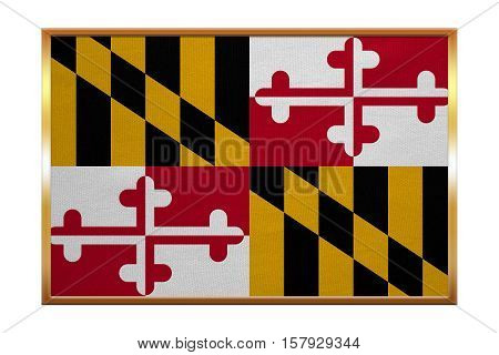 Flag of the US state of Maryland. American patriotic element. USA banner. United States of America symbol. Maryland official flag golden frame fabric texture illustration. Accurate size colors