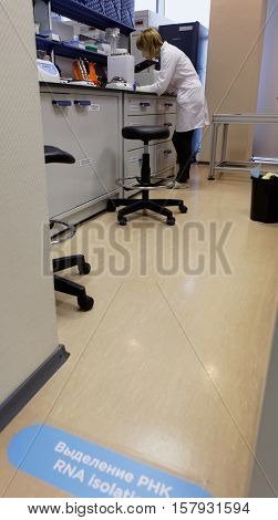 ST. PETERSBURG, RUSSIA - NOVEMBER 16, 2016: Researcher at work in the molecular genetics laboratory of the biotechnology company BIOCAD, the full-cycle drug development and manufacturing companies