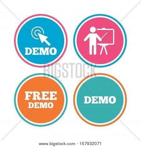 Demo with cursor icon. Presentation billboard sign. Man standing with pointer symbol. Colored circle buttons. Vector
