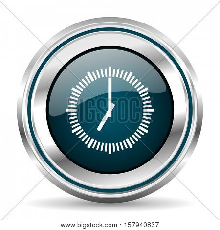 Clock vector icon. Chrome border round web button. Silver metallic pushbutton.