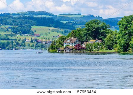 Waterview on Swiss village near Lucerne, Switzerland.