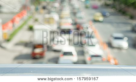 Traffic and transportation concept - Blurred car with traffic jam in rush hour from overpass in bangkok thailand