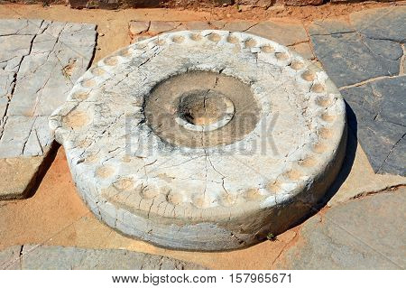 Ancient offering table at the Minoan Malia ruins archaeological site Malia Crete Greece Europe.