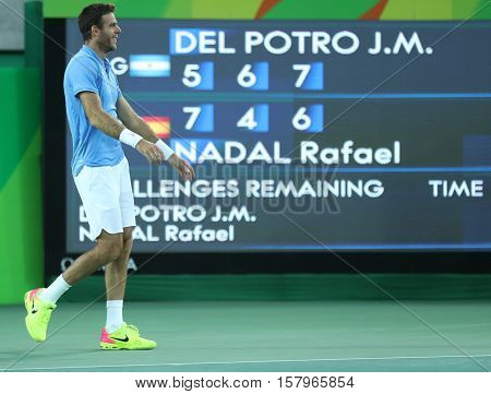 RIO DE JANEIRO, BRAZIL - AUGUST 13, 2016: Juan Martin Del Potro of Argentina celebrates victory after men's singles semifinal match of the Rio 2016 Olympic Games at Olympic Tennis Centre