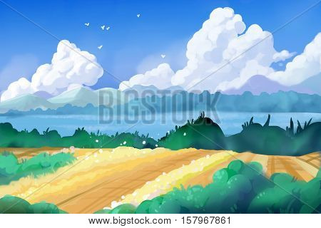 Fantastic Watercolor Style Painting: Beautiful Countryside. Video Game's Digital CG Artwork, Concept Illustration, Realistic Cartoon Style Background