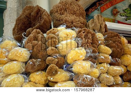 Natural sponges for sale in the old town Rethymno Crete Greece Europe.