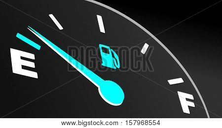 Blue fuel gauge showing empty tank. Fuel indicator on black background.
